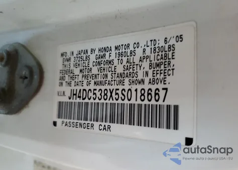 2005 Acura Rsx z USA, uszkodzony, nr VIN JH4DC538X5S018667